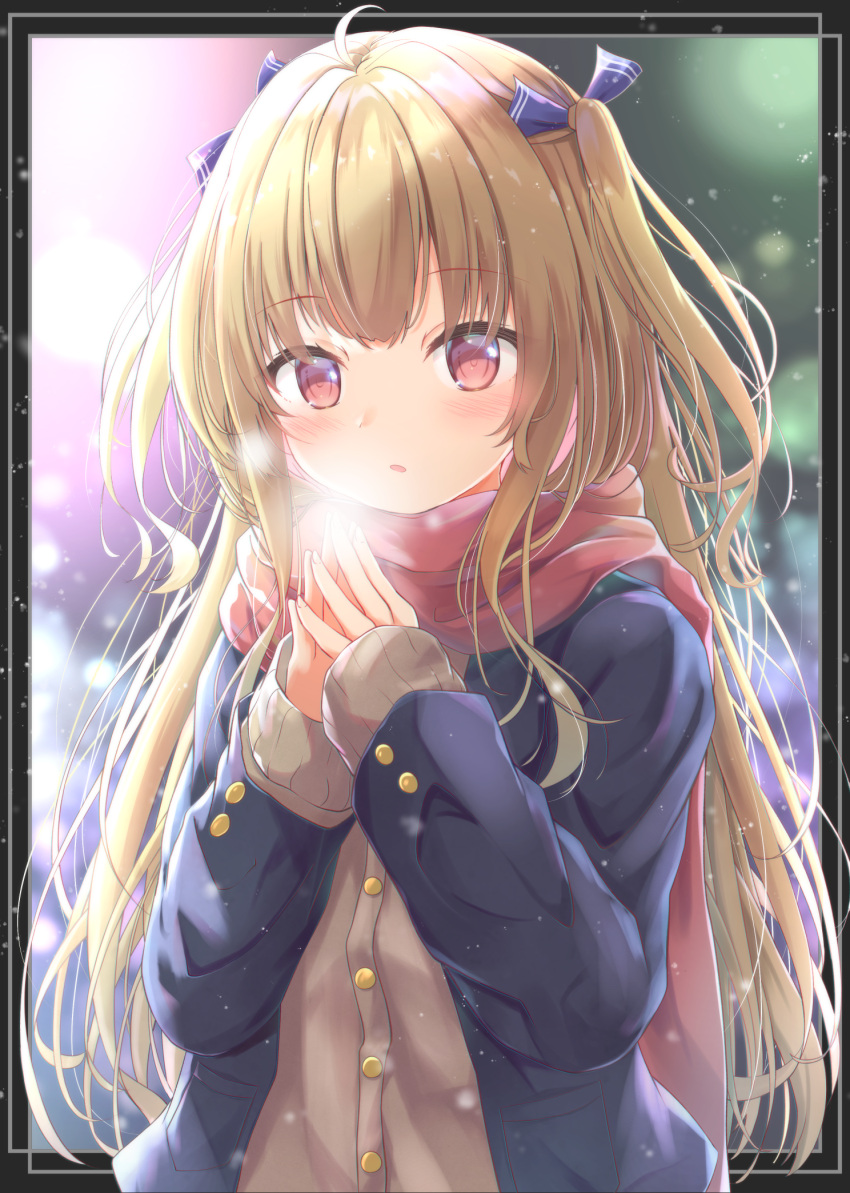 1girl ahoge bangs black_border blonde_hair blue_jacket blue_ribbon blush border breath breathing_on_hands brown_cardigan cardigan eyebrows_visible_through_hair hair_ribbon hands_up highres jacket liuliu long_hair long_sleeves looking_at_viewer open_clothes open_jacket original outside_border parted_lips red_eyes red_scarf ribbon scarf school_uniform sleeves_past_wrists solo steepled_fingers two_side_up upper_body very_long_hair