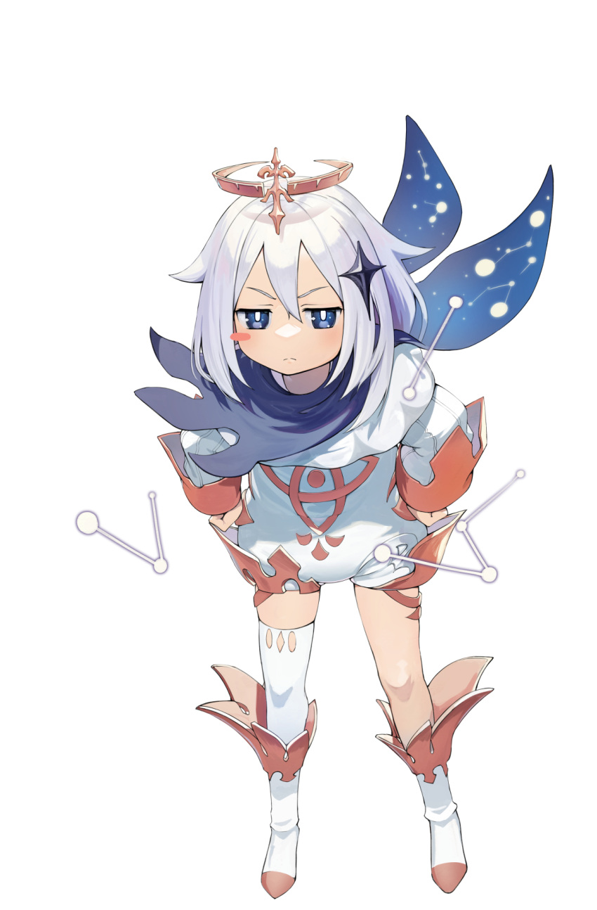 1girl :&lt; asymmetrical_legwear blue_eyes blush_stickers cape capelet dress frown furrowed_eyebrows genshin_impact hair_between_eyes hair_ornament halo highres looking_at_viewer paimon_(genshin_impact) sharpheon short_hair simple_background white_background white_dress white_hair white_legwear