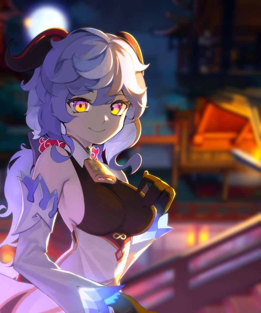 1girl absurdres bare_shoulders bell blue_hair bow breasts cowbell detached_sleeves ganyu_(genshin_impact) genshin_impact gloves hair_bow hand_on_own_chest highres long_sleeves looking_at_viewer low_ponytail medium_breasts night sbgu sideboob sleeveless smile violet_eyes