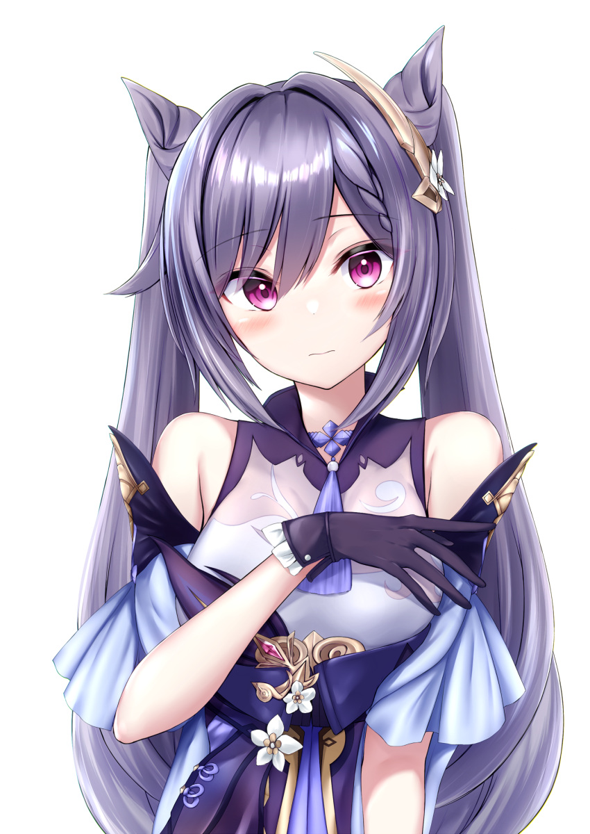 1girl bare_shoulders blush braid breasts choker frilled_sleeves frills genshin_impact gloves hair_ornament half-closed_eyes highres keqing_(genshin_impact) large_breasts lifrene looking_at_viewer purple_hair simple_background solo twintails violet_eyes white_background