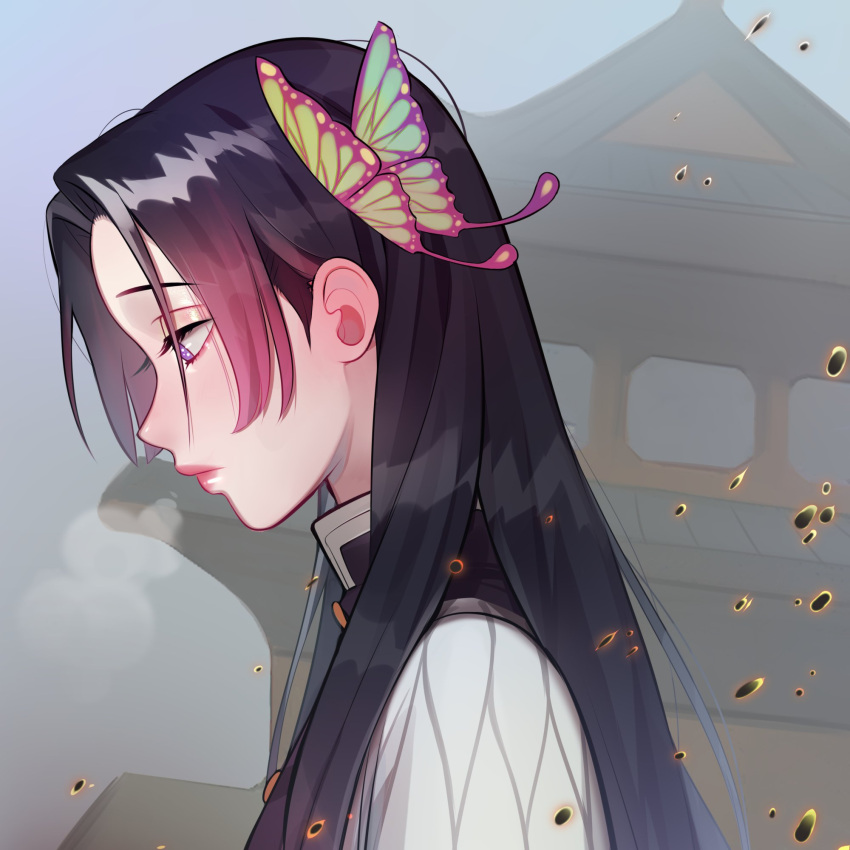 1girl black_hair butterfly_hair_ornament closed_mouth commentary english_commentary from_side gradient_hair hair_ornament highres kimetsu_no_yaiba kochou_kanae lavelis long_hair looking_down multicolored_hair pink_hair pink_lips profile sad solo upper_body violet_eyes