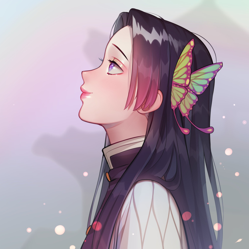 1girl black_hair butterfly_hair_ornament closed_mouth commentary english_commentary from_side gradient_hair hair_ornament highres kimetsu_no_yaiba kochou_kanae lavelis long_hair looking_up multicolored_hair pink_hair pink_lips profile smile solo upper_body violet_eyes