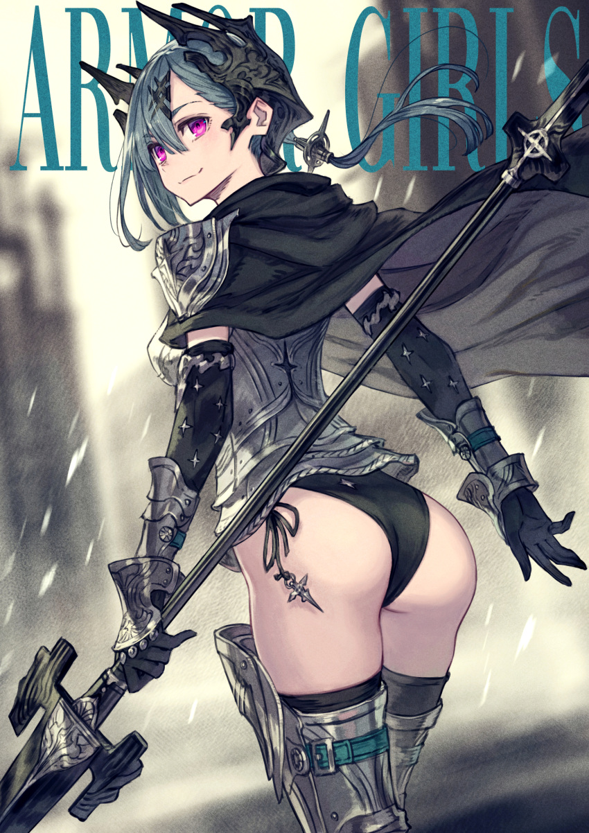 1girl absurdres armor ass black_gloves blue_hair blurry blurry_background breastplate breasts cloak elbow_gloves from_behind gloves greaves hair_between_eyes highres holding holding_weapon kusano_shinta leotard long_hair original pink_hair small_breasts smile solo thigh-highs weapon wrist_guards