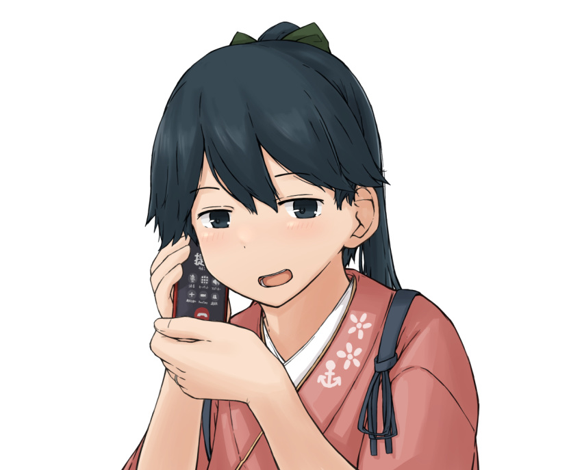 1girl black_eyes black_hair cellphone chagamaka commentary_request cradling_phone hakama holding holding_phone houshou_(kantai_collection) japanese_clothes kantai_collection kimono looking_at_viewer phone pink_kimono ponytail simple_background smartphone solo tasuki upper_body white_background