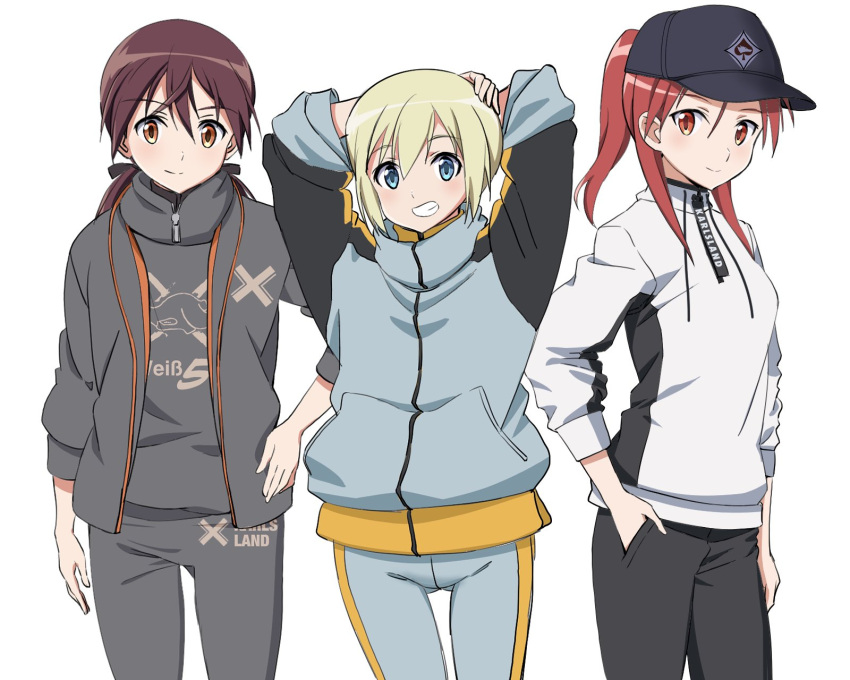 3girls alternate_costume alternate_hairstyle arms_behind_head arms_up baseball_cap blonde_hair blue_eyes blush bow brown_eyes brown_hair contemporary cowboy_shot erica_hartmann gertrud_barkhorn grin hair_bow hair_through_headwear hand_in_pocket hand_on_hip hat highres jacket kaneko_(novram58) long_hair looking_at_viewer minna-dietlinde_wilcke multiple_girls ponytail red_eyes redhead short_hair simple_background smile sportswear strike_witches twintails white_background world_witches_series