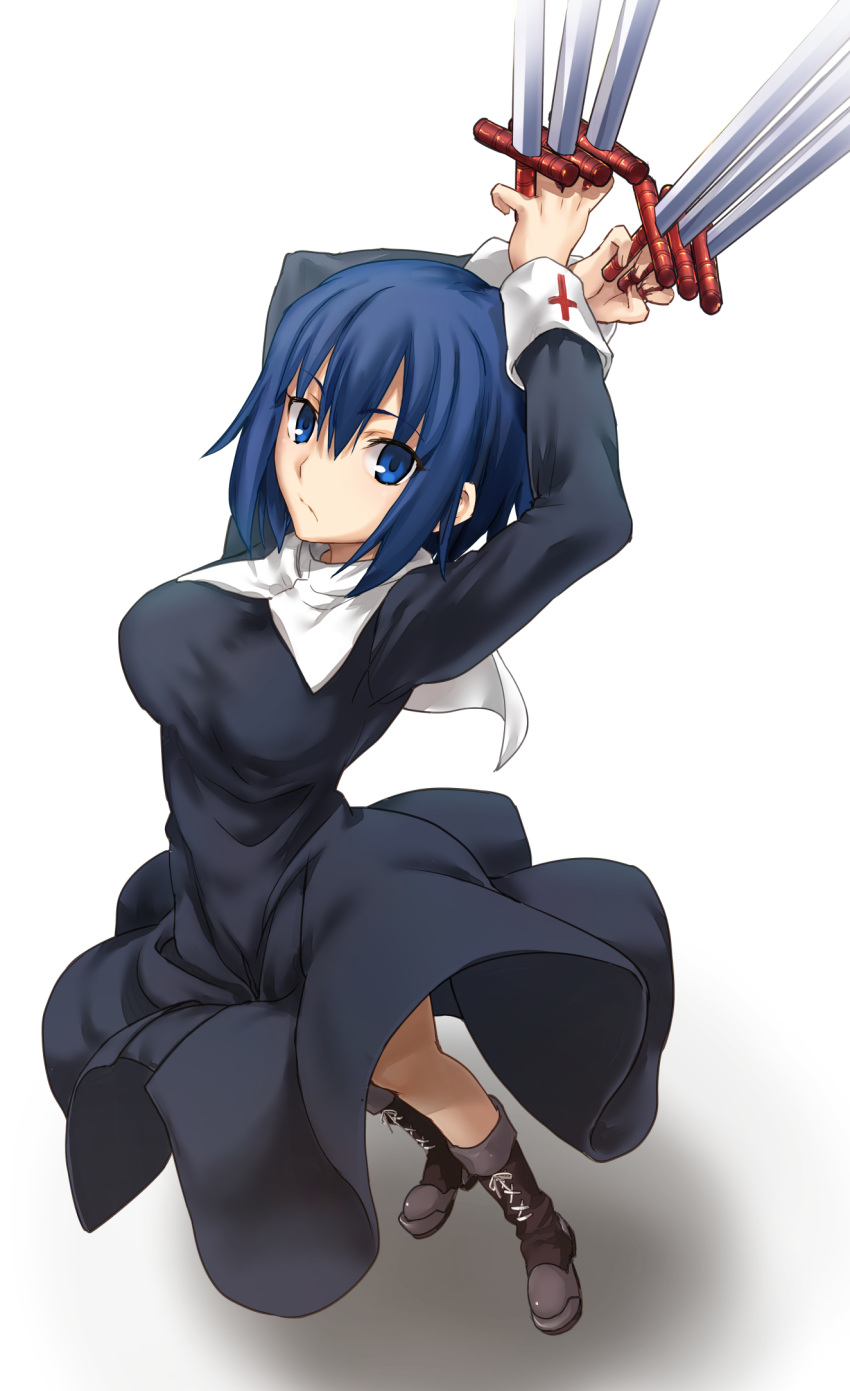 1girl arms_up bangs black_dress black_keys blue_eyes blue_hair boots boshi_(a-ieba) breasts ciel_(tsukihime) closed_mouth commentary_request cross cross-laced_footwear dress dual_wielding eyebrows_visible_through_hair habit hair_between_eyes highres holding holding_sword holding_weapon lace-up_boots large_breasts long_dress long_sleeves looking_at_viewer nun shadow short_hair simple_background solo sword tsukihime tsukihime_(remake) weapon white_background wind wind_lift