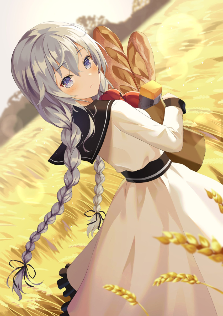 1girl apple bag baguette bangs black_ribbon blue_eyes blurry blurry_background blush braid bread breasts closed_mouth day dress dutch_angle expressionless eyebrows_visible_through_hair feet_out_of_frame food fruit grocery_bag hair_between_eyes hair_ribbon highres holding hyonee lens_flare long_hair long_sleeves looking_at_viewer low_twintails original outdoors ribbon shopping_bag sky small_breasts solo standing twin_braids twintails very_long_hair wheat_field white_dress