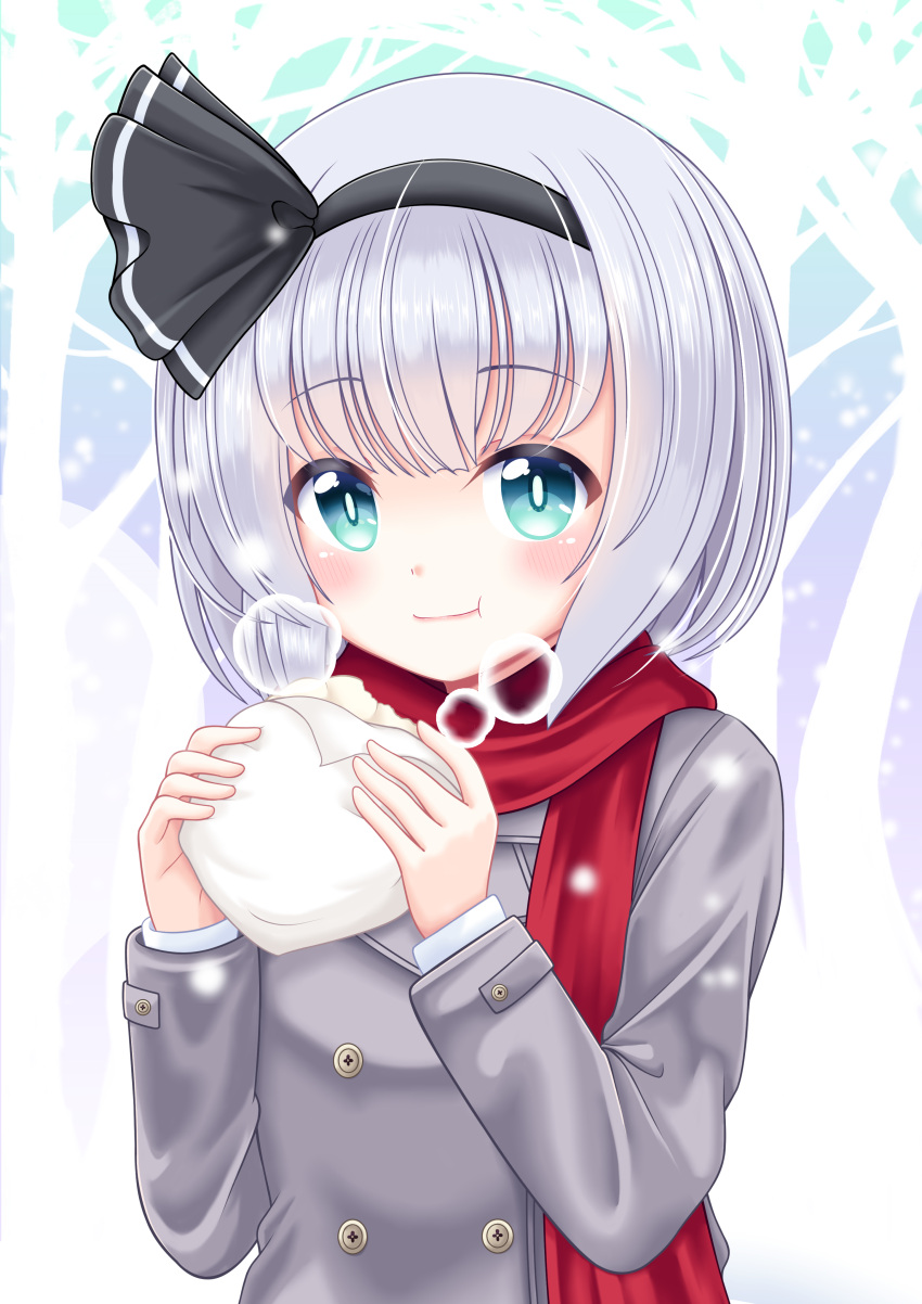 :t absurdres aqua_eyes arms_up bangs baozi bare_tree blush bob_cut bright_pupils coat commentary_request eyebrows_visible_through_hair food gradient gradient_background grey_coat hair_ribbon highres holding holding_food konpaku_youmu konpaku_youmu_(ghost) looking_at_viewer red_scarf reimei_(r758120518) ribbon scarf short_hair silver_hair snowing standing steam touhou tree upper_body white_pupils winter_clothes winter_coat