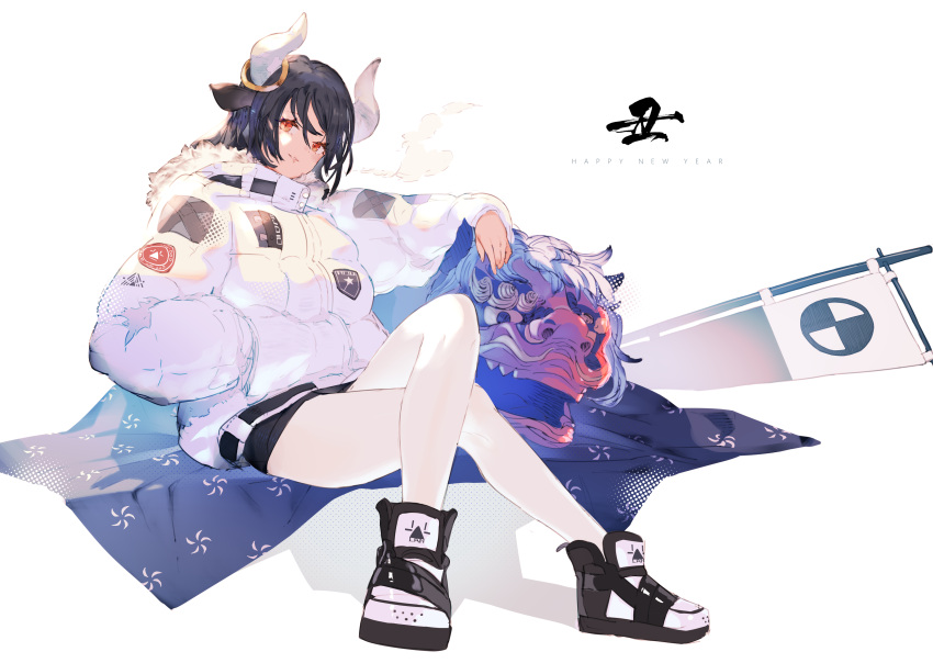 1girl absurdres animal_ears bangs black_hair black_shorts boots chinese_zodiac commentary_request cow_ears cow_horns crossed_legs curled_horns full_body fur-trimmed_jacket fur_trim hair_between_eyes hand_in_pocket happy_new_year highres horns jacket legwear_under_shorts long_sleeves new_year original pantyhose parted_lips puffy_long_sleeves puffy_sleeves red_eyes shishimai short_shorts shorts sitting solo white_footwear white_jacket white_legwear year_of_the_ox yoo_(tabi_no_shiori)