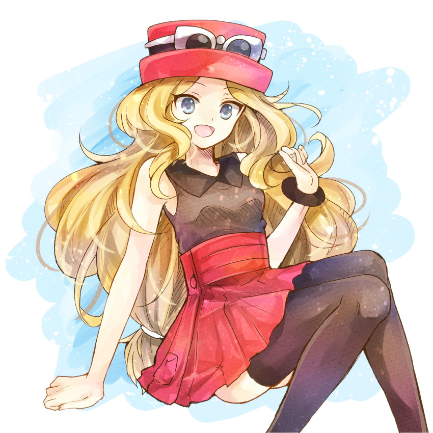 1girl arm_support blonde_hair bracelet brown_legwear commentary_request eyebrows_visible_through_hair eyewear_on_headwear grey_eyes hat highres jewelry long_hair open_mouth pleated_skirt pokemon pokemon_(game) pokemon_xy red_skirt serena_(pokemon) shirt skirt sleeveless sleeveless_shirt smile solo sunglasses thigh-highs tongue yomogi_(black-elf)