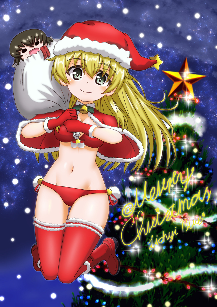 1girl artist_name bangs bell bikini blonde_hair blue_sky boots caesar_(girls_und_panzer) capelet carpaccio_(girls_und_panzer) character_doll christmas christmas_lights christmas_tree closed_mouth commentary_request cursive eyebrows_visible_through_hair floating fur-trimmed_capelet fur_trim garland_(decoration) garters girls_und_panzer gloves green_eyes hat highres holding holding_sack holly legs_up lichyiblue long_hair looking_at_viewer medium_hair merry_christmas navel night night_sky over_shoulder partial_commentary red_capelet red_footwear red_gloves red_headwear red_legwear sack santa_bikini santa_boots santa_costume santa_gloves santa_hat side-tie_bikini signature sky smile solo sparkle star_(sky) star_ornament starry_sky swimsuit thigh-highs thigh_gap