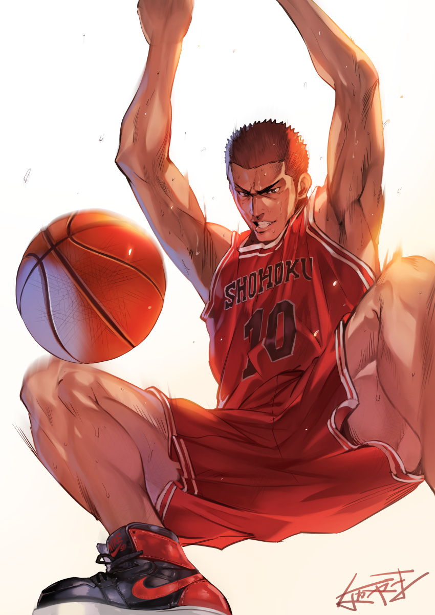 1boy absurdres ball basketball basketball_uniform commentary_request from_below grin highres jumping male_focus muscular nike redhead sakuragi_hanamichi shorts signature simple_background slam_dunk smile solo sportswear sweat white_background yj_nakayama
