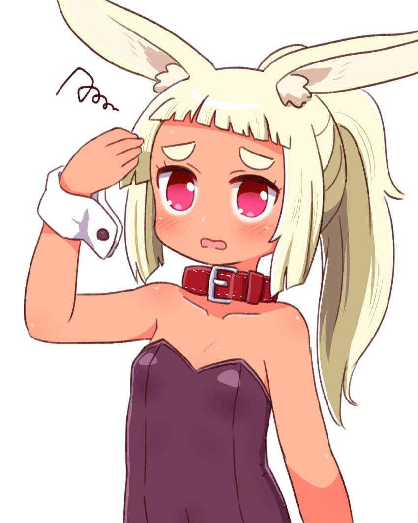 1girl animal_ear_fluff animal_ears arm_up bare_shoulders blonde_hair blush breasts collar collarbone commentary_request dark_skin forehead highres leotard long_hair masurao_(sekaiju) naga_u open_mouth ponytail purple_leotard rabbit_ears red_collar red_eyes sekaiju_no_meikyuu sekaiju_no_meikyuu_5 short_eyebrows simple_background small_breasts solo squiggle strapless strapless_leotard thick_eyebrows upper_body wavy_mouth white_background wrist_cuffs