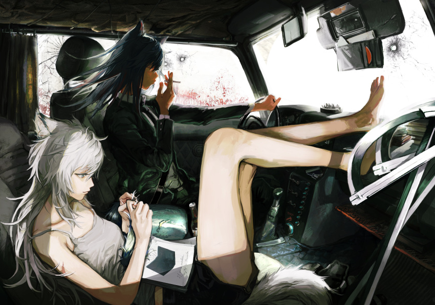 2girls absurdres alternate_costume animal_ears arknights ashtray bare_legs barefoot black_hair black_neckwear black_shorts black_suit blood blood_splatter book breasts broken_glass bullet_hole car_interior cigarette closed_mouth commentary deatiose driving english_commentary formal from_side full_body glass grey_eyes grey_tank_top highres holding holding_cigarette lappland_(arknights) legs_up light_smile long_hair long_sleeves mixed-language_commentary multicolored_hair multiple_girls necktie profile redhead seatbelt short_shorts shorts silver_hair sitting sleeveless small_breasts smile smoking spaghetti_strap steering_wheel streaked_hair suit sword tail tank_top texas_(arknights) top-down_bottom-up two-tone_hair weapon wolf_ears wolf_tail