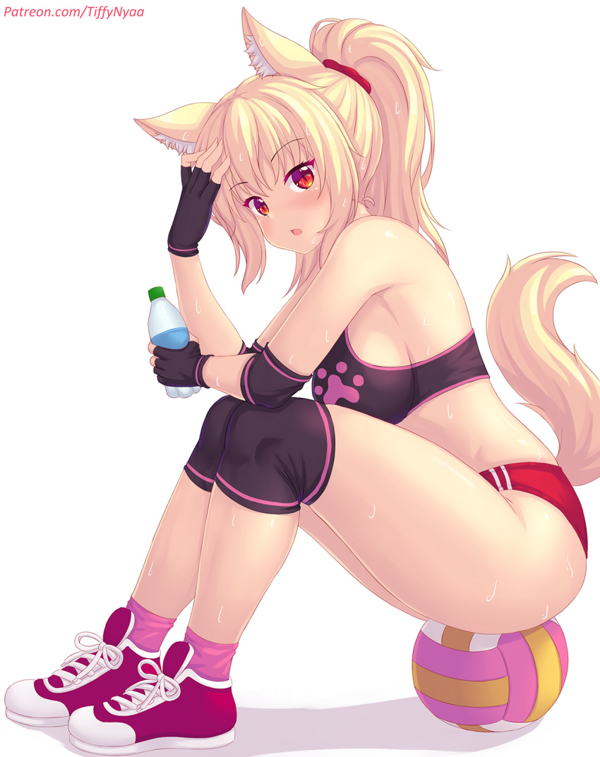 1girl animal_ears armpits bare_shoulders black_gloves blonde_hair bottle breasts buruma crop_top fingerless_gloves fox_ears fox_girl fox_tail gloves hand_up highres holding knee_pads large_breasts long_hair looking_at_viewer midriff nottytiffy open_mouth original pink_legwear ponytail red_buruma red_eyes shoes simple_background sitting sleeveless slit_pupils sneakers socks solo sports_bra sweat tail thighs tiffy_(nottytiffy) volleyball white_background