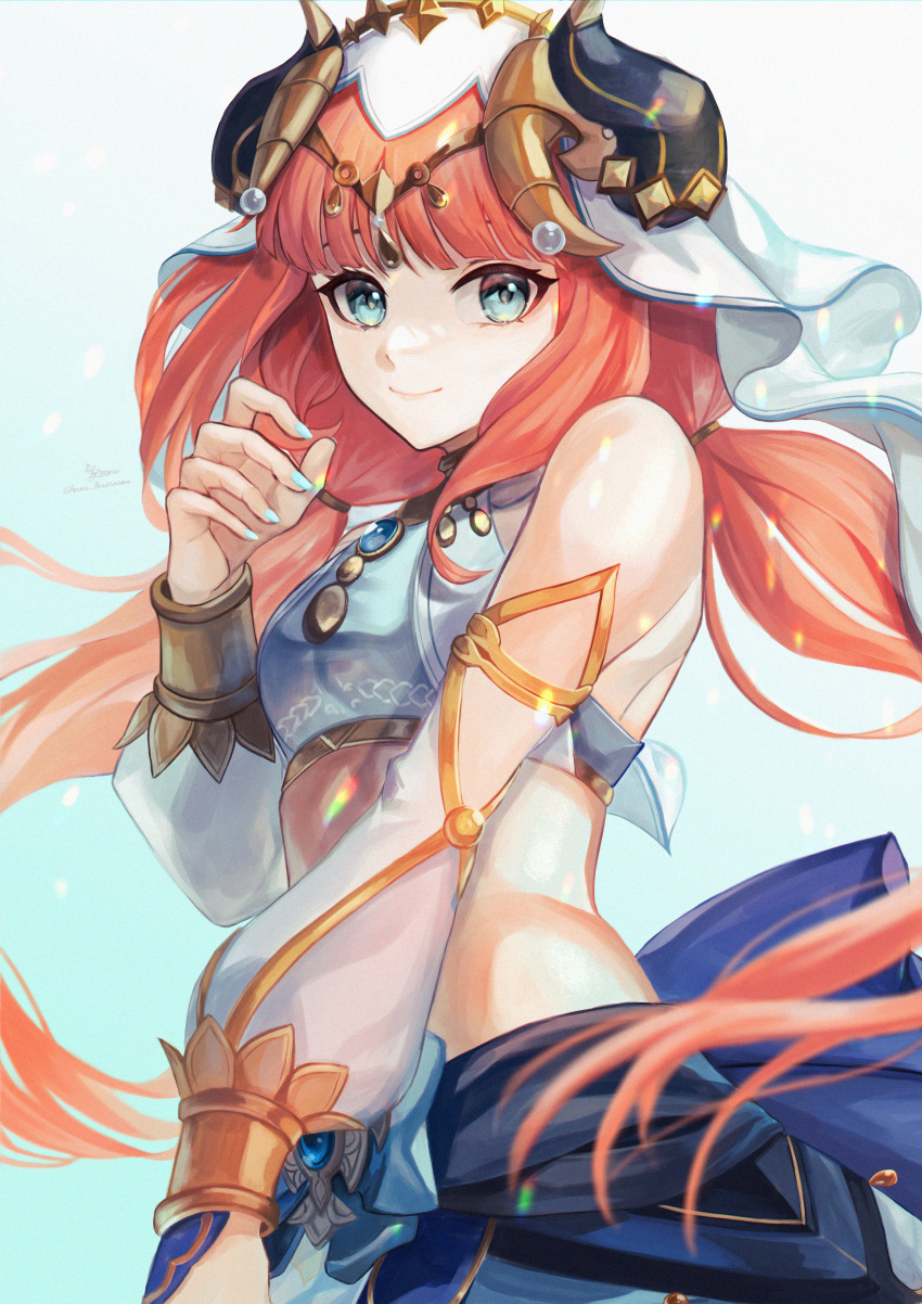 1girl absurdres amazuya_azuma aqua_eyes bangs blue_skirt breasts brooch circlet closed_mouth crop_top floating_hair forehead_jewel genshin_impact gold_trim gradient gradient_background highres horns jewelry long_hair looking_at_viewer medium_breasts neck_ring nilou_(genshin_impact) redhead shrug_(clothing) sidelocks skirt smile solo twintails veil vision_(genshin_impact)