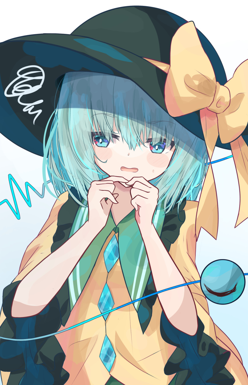 1girl 5nikorai aqua_eyes bangs blouse blush_stickers bow bright_pupils commentary_request eyeball eyebrows_visible_through_hair fingers_together flat_chest frills green_hair hair_between_eyes hat hat_bow heartbeat highres komeiji_koishi looking_away looking_to_the_side medium_hair nervous open_mouth simple_background sleeves_past_elbows solo squiggle third_eye touhou upper_body wavy_mouth white_background white_pupils wide_sleeves yellow_blouse yellow_bow