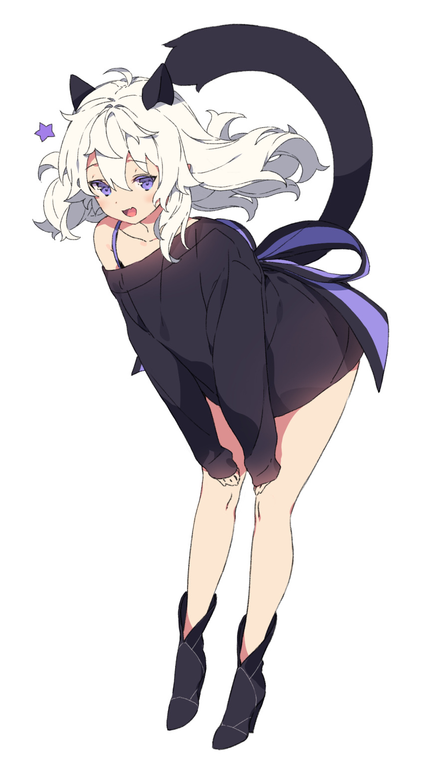 1boy :d androgynous animal_ears cat_ears cat_tail commentary highres leaning_forward long_hair mabinogi no_pants off_shoulder open_mouth original otoko_no_ko sanze_(gokiburi_kirai) shirt_slip sleeves_past_wrists smile solo tail violet_eyes white_background white_hair