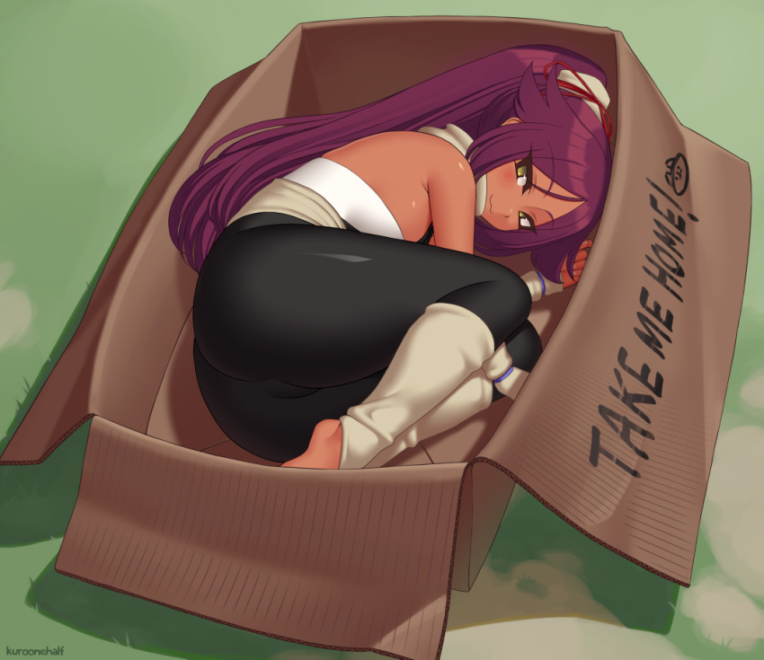 1girl :3 ass bangs bare_shoulders barefoot black_legwear bleach box cardboard_box commentary dark_skin dark-skinned_female english_text eyebrows_visible_through_hair eyes_visible_through_hair fetal_position for_adoption full_body hair_flaps in_box in_container kuroonehalf leggings long_hair looking_at_viewer lying on_side parted_bangs ponytail purple_hair shihouin_yoruichi smile solo very_long_hair yellow_eyes