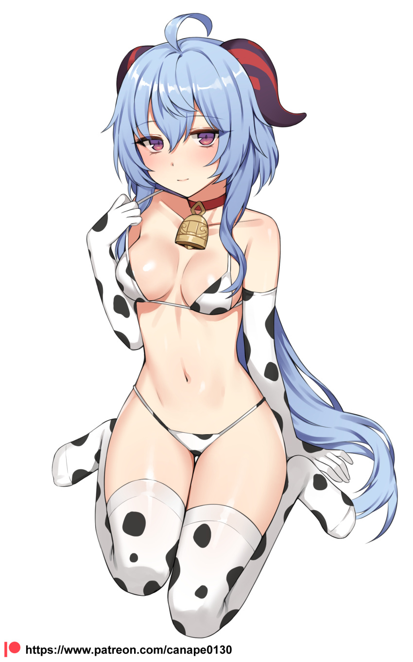 1girl absurdres ahoge animal_print arm_support bell bell_choker bikini blue_hair breasts canape_(canape0130) choker closed_mouth commentary_request cow_print cowbell elbow_gloves eyebrows_visible_through_hair full_body ganyu_(genshin_impact) genshin_impact gloves goat_horns hand_up highres horns korean_commentary long_hair looking_at_viewer navel red_choker red_eyes sitting smile solo swimsuit thigh-highs thighs wariza white_background white_gloves white_legwear