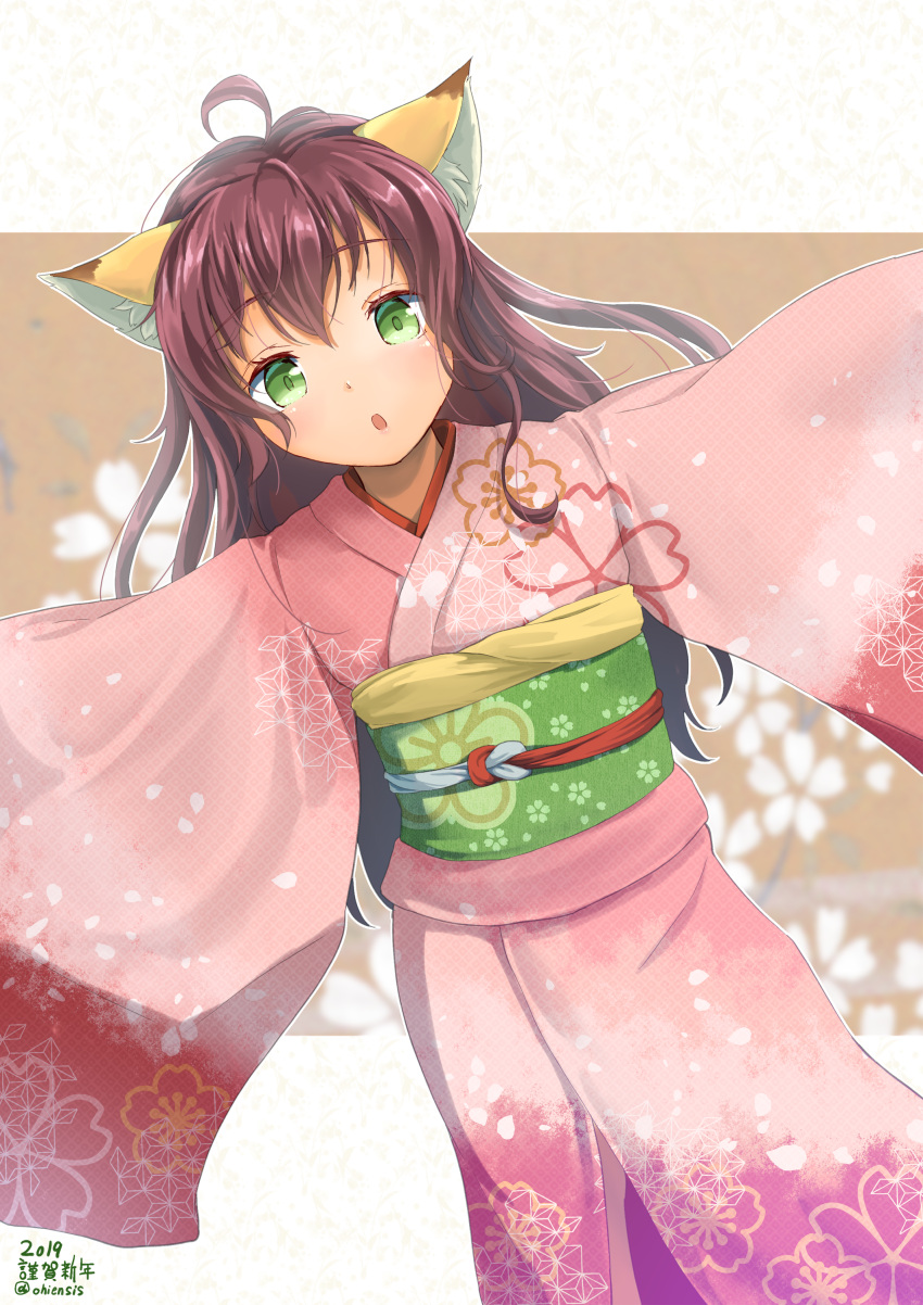 1girl absurdres ahoge animal_ear_fluff animal_ears bangs brown_hair commentary_request dutch_angle eyebrows_visible_through_hair floral_print fox_ears green_eyes hair_between_eyes highres japanese_clothes kimono long_hair long_sleeves looking_at_viewer obi ohiensis original parted_lips pink_kimono print_kimono sash solo twitter_username very_long_hair wide_sleeves