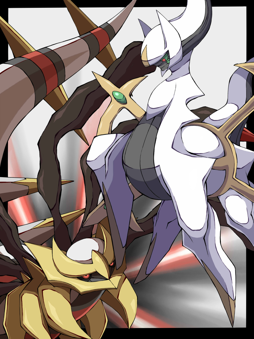 absurdres arceus black_border black_sclera border closed_mouth colored_sclera commentary_request eye_contact gen_4_pokemon giratina giratina_(origin) highres legendary_pokemon looking_at_another mythical_pokemon no_humans outside_border pokemon pokemon_(creature) red_eyes shabana_may