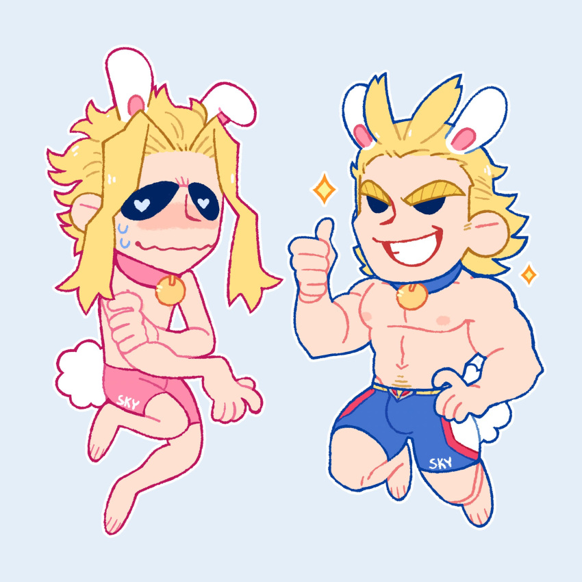 2boys all_might animal_ears blonde_hair blue_male_underwear boku_no_hero_academia boxers bulge bunny_tail chibi collar feraltintinsimp full_body highres male_focus male_underwear multiple_boys navel navel_hair nipples pectorals pink_male_underwear rabbit_boy rabbit_ears short_hair simple_background skinny smile tail thumbs_up underwear underwear_only