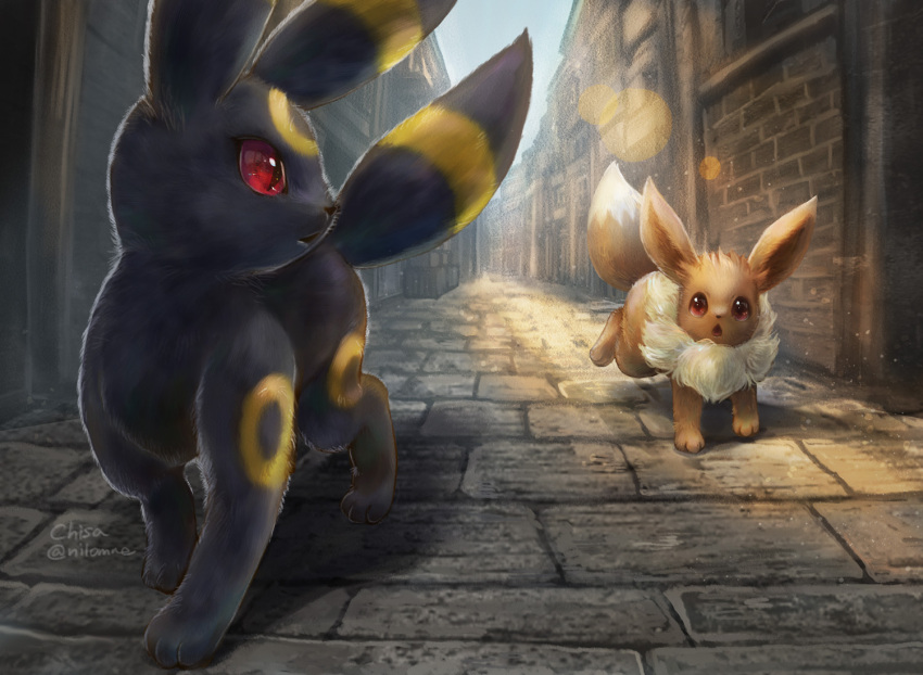 alley black_fur brown_fur commentary_request day eevee gen_1_pokemon gen_2_pokemon lens_flare looking_back momomo12 no_humans open_mouth outdoors paws pokemon pokemon_(creature) red_eyes running toes umbreon watermark