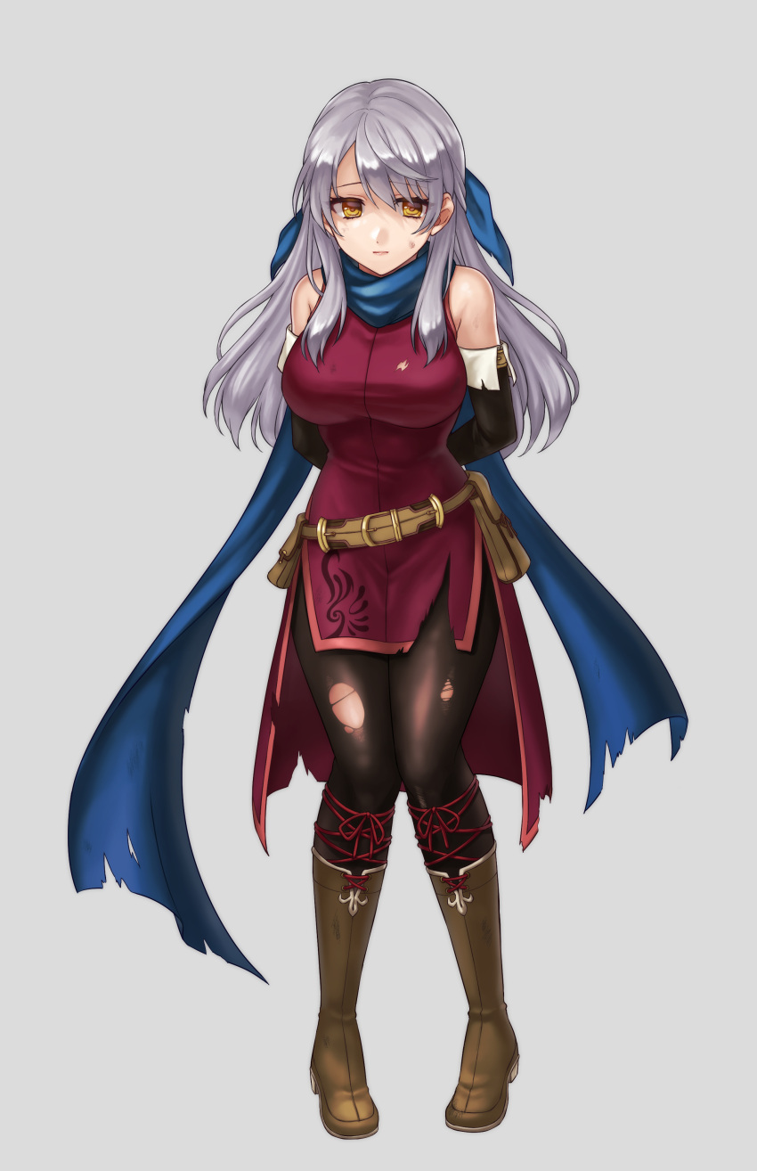 1girl absurdres arm_behind_back bangle bare_shoulders belt black_gloves black_legwear blue_scarf boots bracelet breasts bruise commission dress elbow_gloves eyebrows_visible_through_hair fire_emblem fire_emblem:_radiant_dawn gloves hair_ribbon half_updo hazuki_(nyorosuke) highres injury jewelry large_breasts long_hair micaiah_(fire_emblem) multiple_others out_of_frame pantyhose restrained ribbon scarf side_slit silver_background silver_hair simple_background skeb_commission sleeveless sleeveless_dress solo torn_clothes torn_dress torn_legwear yellow_eyes