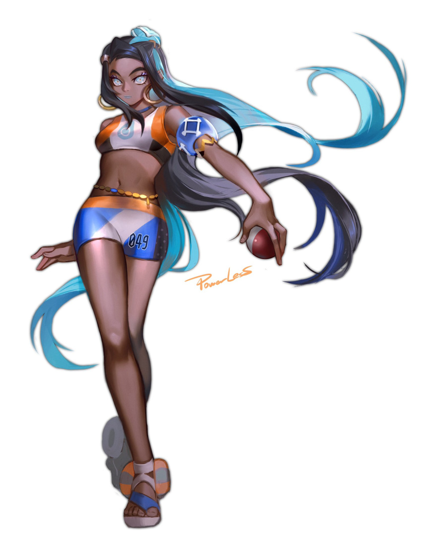 1girl armlet belly_chain bike_shorts black_hair closed_mouth commentary dark_skin dark-skinned_female earrings floating_hair full_body gym_leader hair_bun highres holding holding_poke_ball hoop_earrings jewelry knees long_hair makeup multicolored_hair navel nessa_(pokemon) number poke_ball poke_ball_(basic) pokemon pokemon_(game) pokemon_swsh powerlesssong sandals signature solo toes two-tone_hair