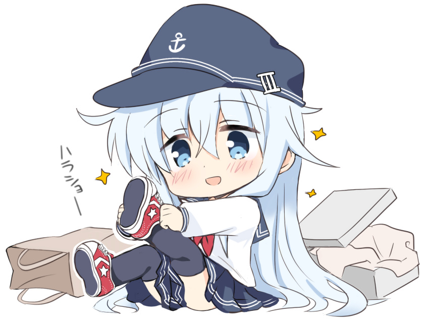 1girl :d anchor_symbol bag bangs black_headwear black_legwear black_sailor_collar black_skirt blue_eyes blue_hair blush box chibi commentary_request eyebrows_visible_through_hair flat_cap hair_between_eyes hat hibiki_(kantai_collection) hizuki_yayoi kantai_collection long_hair long_sleeves neckerchief open_mouth paper_bag pleated_skirt red_footwear red_neckwear sailor_collar school_uniform serafuku shirt shoe_soles shoes simple_background sitting skirt smile solo sparkle thigh-highs translation_request very_long_hair white_background white_shirt