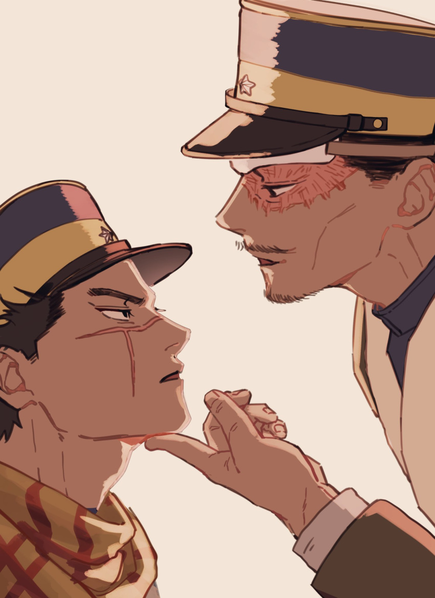 2boys brown_eyes brown_hair collared_jacket expressionless eye_contact face golden_kamuy hand_on_another's_face hat highres imperial_japanese_army kepi kotta_(pesan102) long_sleeves looking_at_another male_focus military military_hat military_uniform multiple_boys open_mouth scar scar_on_cheek scar_on_face scar_on_mouth scar_on_nose short_hair simple_background spiky_hair sugimoto_saichi tsurumi_tokushirou uniform