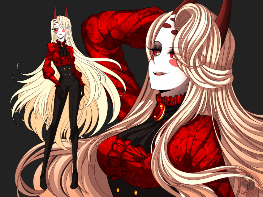 1girl alternate_costume big_hair blonde_hair breasts charlie_magne cneko-chan colored_sclera demon demon_girl demon_horns eyebrows_visible_through_hair eyes_visible_through_hair hazbin_hotel hell horns jacket long_hair looking_at_viewer one_eye_covered pale_skin queen red_fur red_horns red_sclera tuxedo yellow_eyes