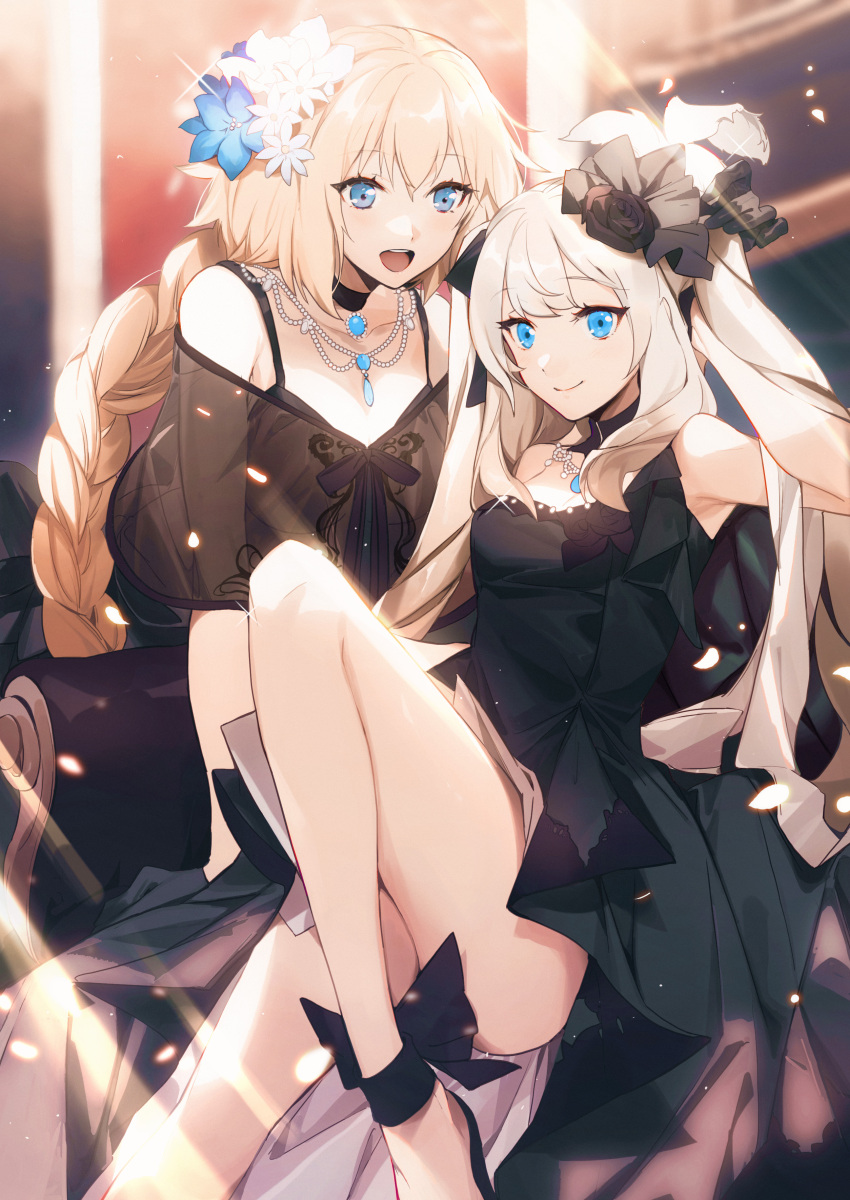 2girls absurdres bangs bare_shoulders black_dress blonde_hair blue_eyes blush braid breasts dress fate/grand_order fate_(series) heroic_spirit_formal_dress highres jeanne_d'arc_(fate) jeanne_d'arc_(fate)_(all) large_breasts long_braid long_hair looking_at_viewer marie_antoinette_(fate/grand_order) medium_breasts multiple_girls no-kan open_mouth silver_hair smile twintails very_long_hair