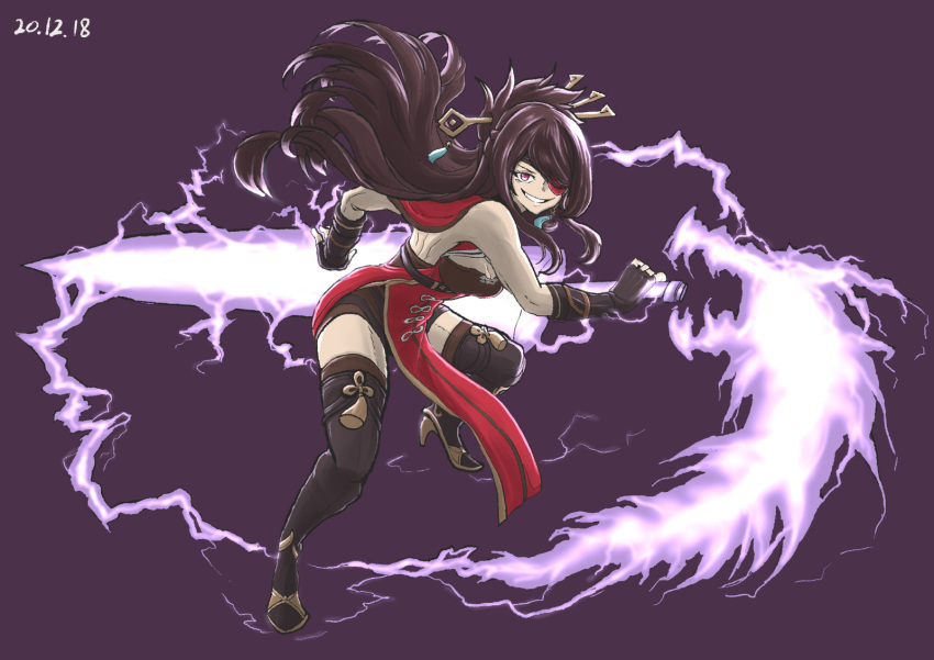 1girl aura bare_shoulders beidou_(genshin_impact) chinese_clothes fingerless_gloves genshin_impact gloves hair_ornament hair_over_one_eye highres holding holding_sword holding_weapon long_hair pelvic_curtain purple_background red_eyes riffle_hunter simple_background smile solo sword weapon