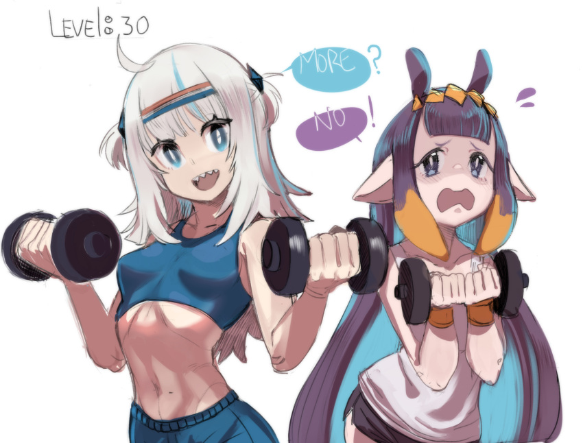 2girls black_shorts blue_eyes blush bright_pupils cowboy_shot dumbbell english_text gawr_gura highres hololive hololive_english long_hair looking_at_viewer midriff multiple_girls navel ninomae_ina'nis open_mouth pointy_ears sharp_teeth sho-n-d shorts simple_background smile speech_bubble sports_bra tank_top teeth very_long_hair weightlifting white_background white_hair white_pupils white_tank_top