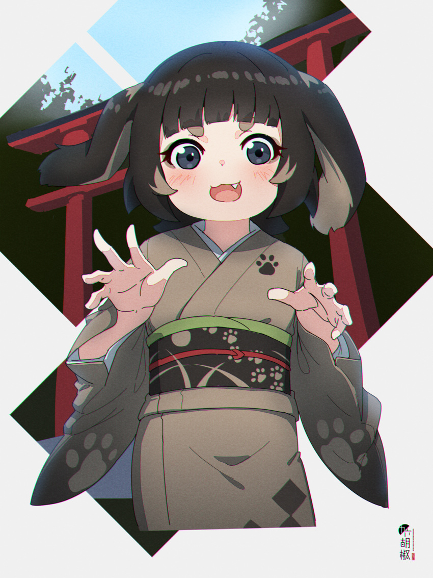 1girl :d animal_ears bangs black_hair blush brown_kimono commentary_request cropped_torso dog_ears fang grey_eyes highres japanese_clothes kimono kuro_kosyou long_sleeves looking_at_viewer obi open_mouth original sash short_eyebrows short_hair smile solo thick_eyebrows torii upper_body wide_sleeves