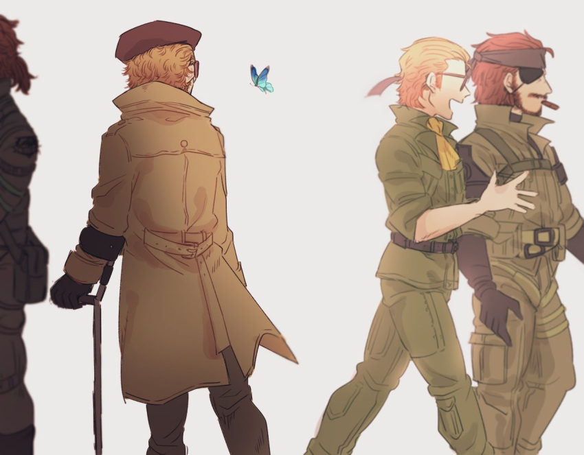 3boys bandana beard belt beret big_boss black_gloves blonde_hair blue_butterfly blurry brown_hair bug butterfly cigar coat crutch eyepatch facial_hair gloves hat headband implied_yaoi insect kazuhira_miller looking_at_animal male_focus metal_gear_(series) metal_gear_solid_peace_walker metal_gear_solid_v multiple_boys mustache mutsuki_(mutuki05) ponytail simple_background sunglasses talking venom_snake walking white_background yellow_neckwear