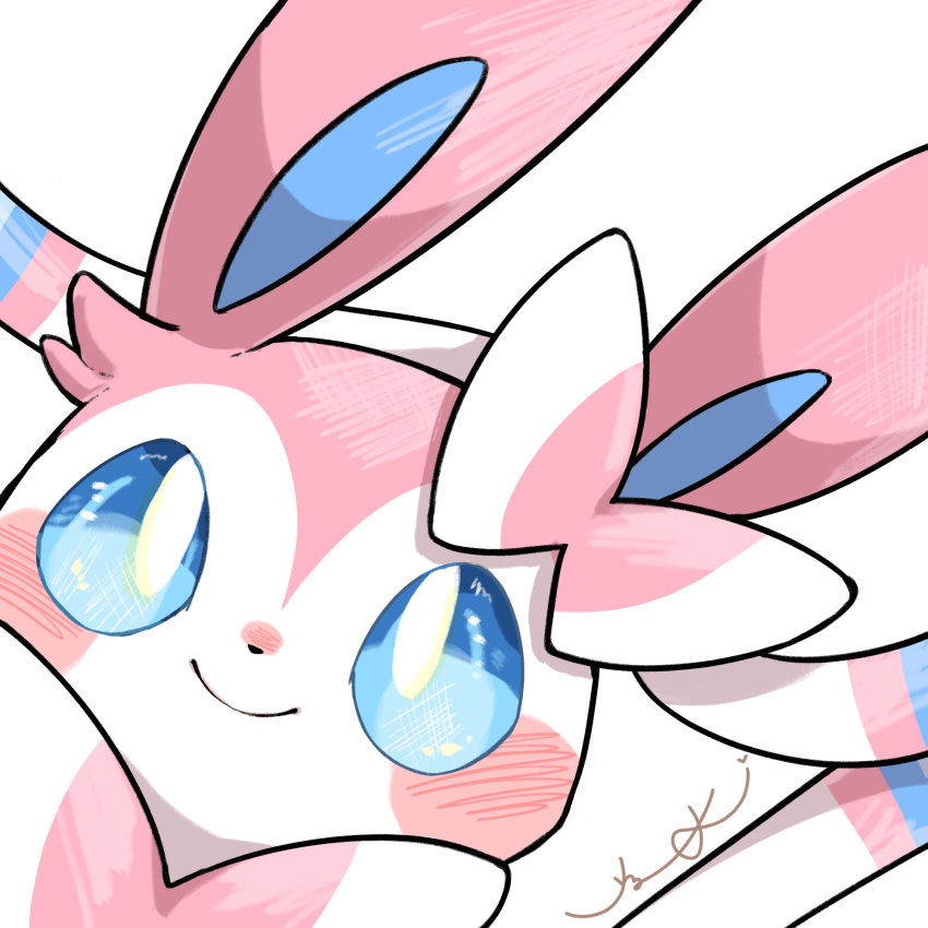 blue_eyes blush closed_mouth commentary_request creature gen_6_pokemon highres looking_at_viewer no_humans peeking_out pokemon pokemon_(creature) signature smile solo surumeika_(ninfiiiir) sylveon