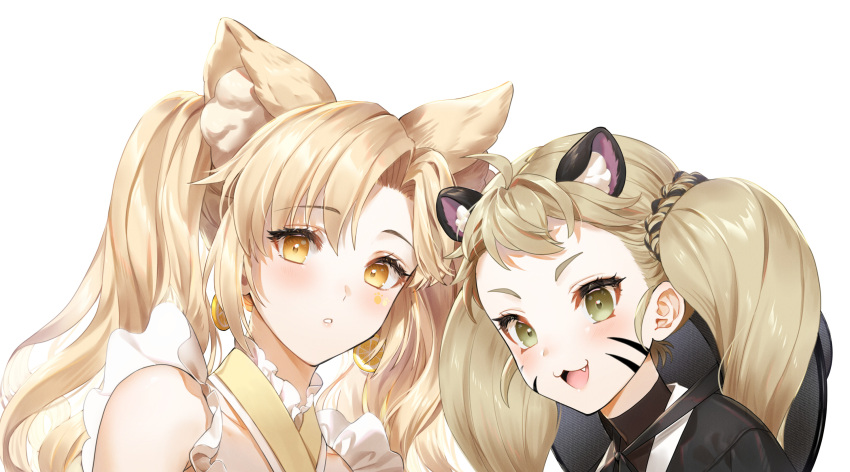2girls :3 :d ahoge animal_ear_fluff animal_ears bangs bare_shoulders blush brown_eyes commission eyebrows_visible_through_hair facial_mark fang forehead green_eyes highres japanese_clothes kimono light_brown_hair long_hair multiple_girls ninto open_mouth original parted_bangs parted_lips simple_background sleeveless sleeveless_kimono smile twintails upper_body white_background white_kimono