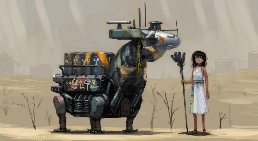 1girl absurdres armpit_peek bangs black_hair blue_eyes blunt_bangs bracelet breasts dark_skin dark-skinned_female desert dress highres holding holding_staff hozumi_(ouchan) jewelry long_hair open_hand original robot science_fiction sleeveless small_breasts staff standing white_dress