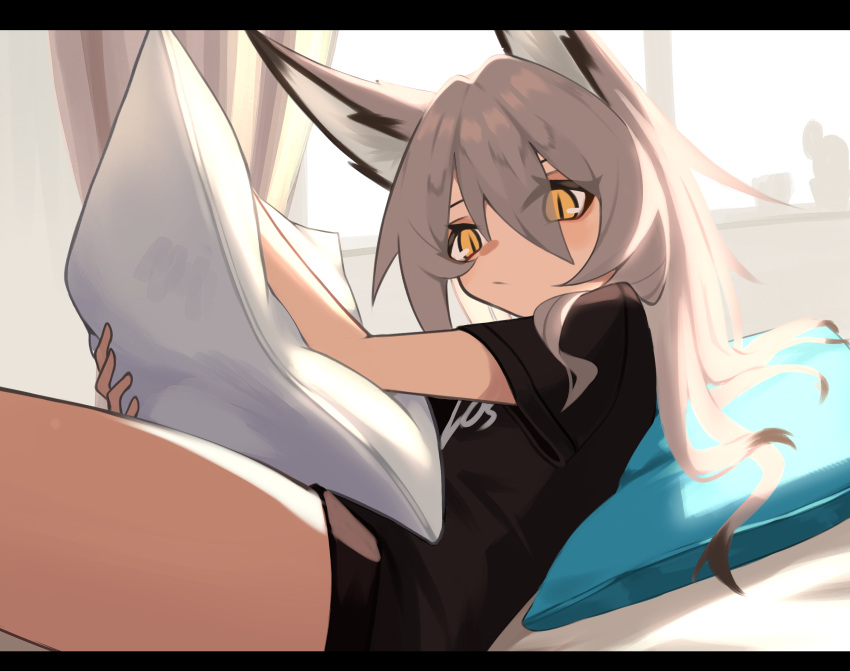 1girl animal_ears bangs black_shirt curtains eyebrows_behind_hair ghost_(tama) hair_between_eyes highres holding holding_pillow light_blush long_hair looking_at_viewer no_pants original pillow shirt solo t-shirt window wolf_ears wolf_girl yellow_eyes