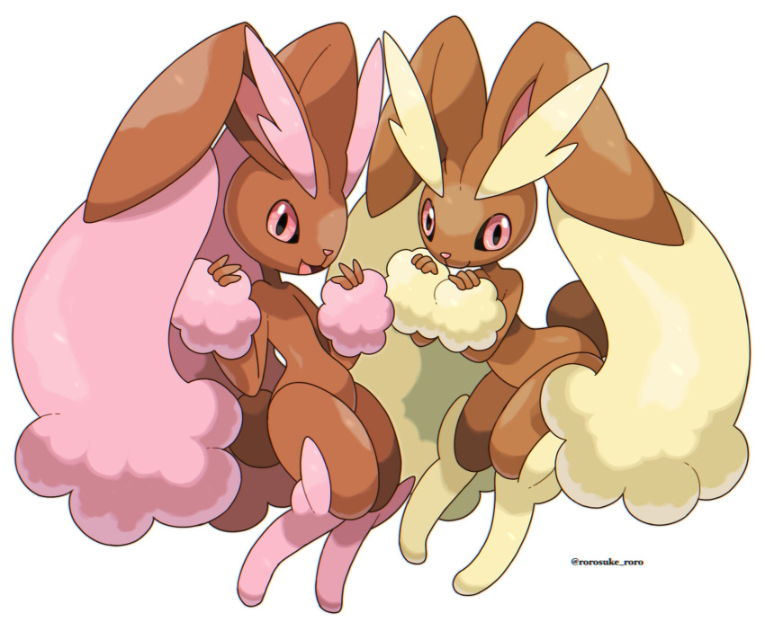 2girls :3 alternate_color animal_ears artist_name black_sclera body_fur brown_fur bunny_tail chromatic_aberration closed_mouth colored_sclera commentary flat_chest full_body furry gen_4_pokemon hands_up happy highres knees_together_feet_apart looking_at_viewer lopunny multiple_girls open_mouth pink_eyes pink_fur pokemon pokemon_(creature) rabbit_ears rabbit_girl rorosuke shiny_pokemon simple_background smile standing tail twitter_username two-tone_fur watermark white_background yellow_fur