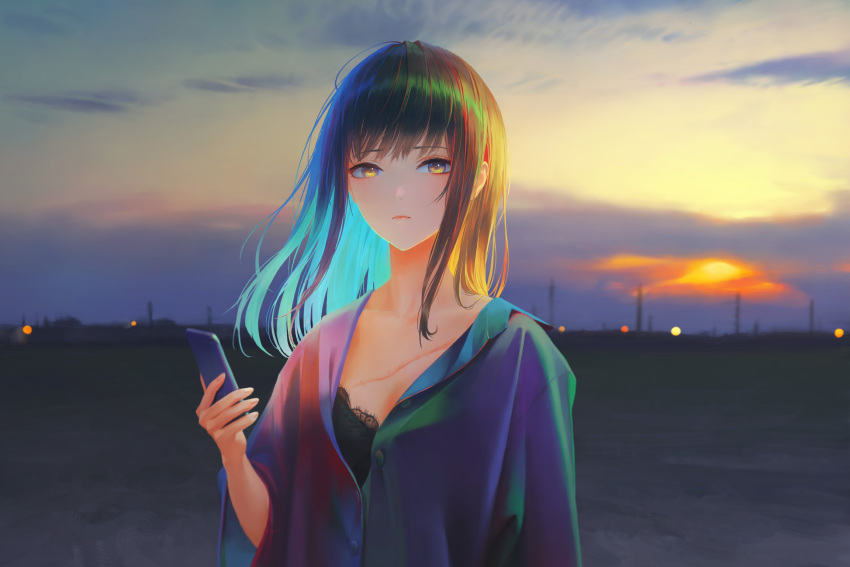 1girl absurdres arata_yokoyama bangs blue_shirt blurry blurry_background brown_hair cellphone closed_mouth dress_shirt floating_hair highres holding holding_phone long_hair looking_at_viewer original outdoors partially_unbuttoned phone scar shiny shiny_hair shirt smartphone solo upper_body yellow_eyes