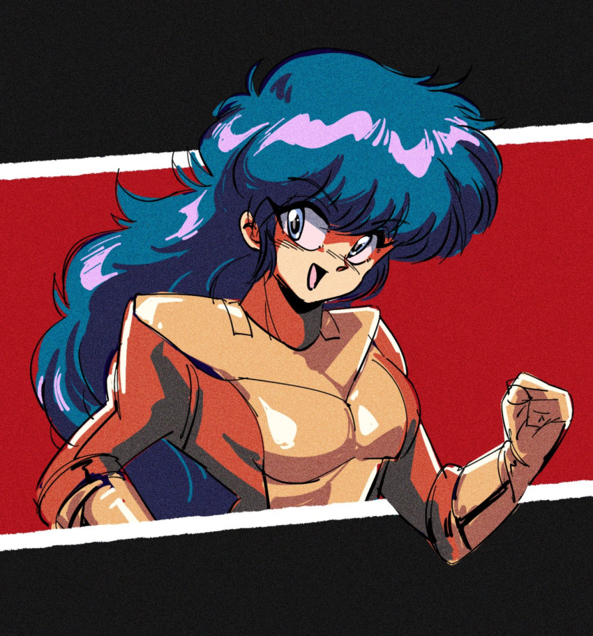 1990s_(style) 1girl bangs blue_eyes blue_hair breasts clenched_hand cropped_torso english_commentary eyebrows_visible_through_hair flame_(panzer_paladin) hair_behind_ear highres looking_to_the_side open_mouth panzer_paladin pilot_suit potiri02 small_breasts smile solo