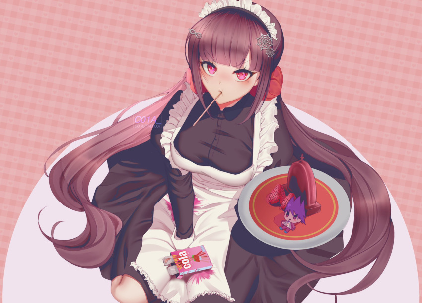 1girl alternate_breast_size alternate_costume apron bangs black_dress blunt_bangs blush breasts c01a_(cola) chocolate closed_mouth commentary dangan_ronpa_(series) dangan_ronpa_v3:_killing_harmony dress food hair_ornament harukawa_maki highres juliet_sleeves large_breasts long_hair long_sleeves looking_at_viewer maid maid_apron maid_headdress momota_kaito mouth_hold pocky puffy_sleeves purple_hair red_eyes red_scrunchie scrunchie seiza sitting solo spider_web_hair_ornament twintails very_long_hair white_apron