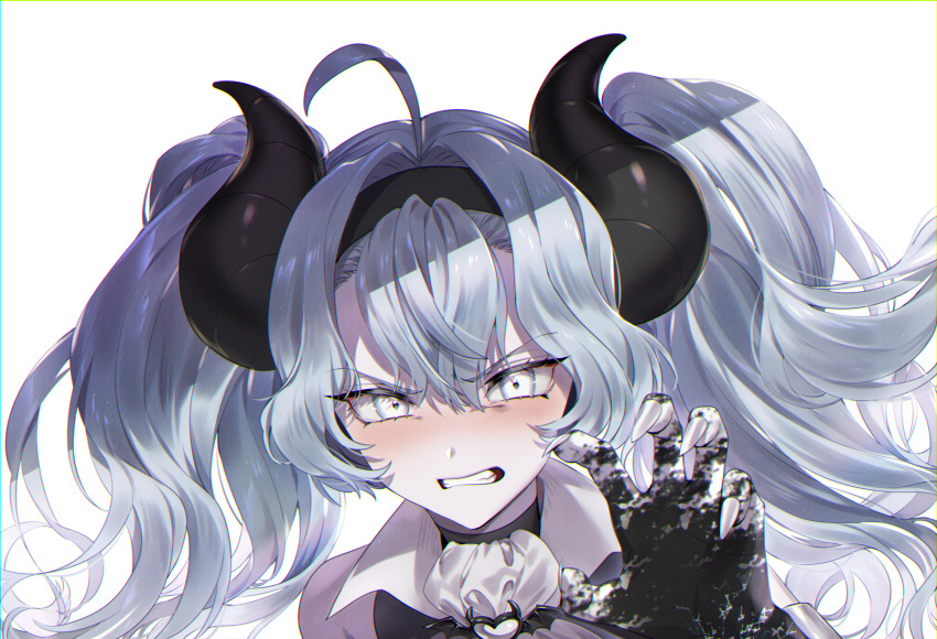 1girl ahoge bangs black_hairband black_vest claw_pose clenched_teeth collared_shirt commission curled_horns eyebrows_visible_through_hair grey_eyes grey_hair hair_between_eyes hair_intakes hairband hand_up heart highres horns long_hair looking_at_viewer nail_polish ninto original shirt simple_background solo teeth twintails vest white_background white_nails white_shirt