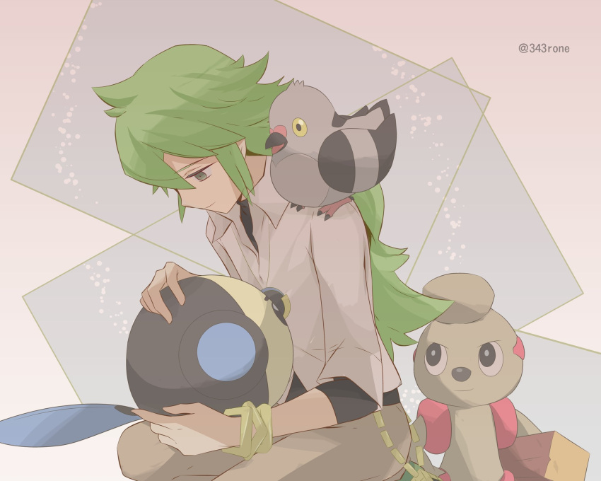 1boy 343rone artist_name bangle bangs bracelet closed_mouth collared_shirt commentary_request gen_5_pokemon green_hair highres holding holding_pokemon jewelry long_hair male_focus n_(pokemon) necklace pidove pokemon pokemon_(creature) pokemon_(game) pokemon_bw shirt timburr tympole undershirt watermark