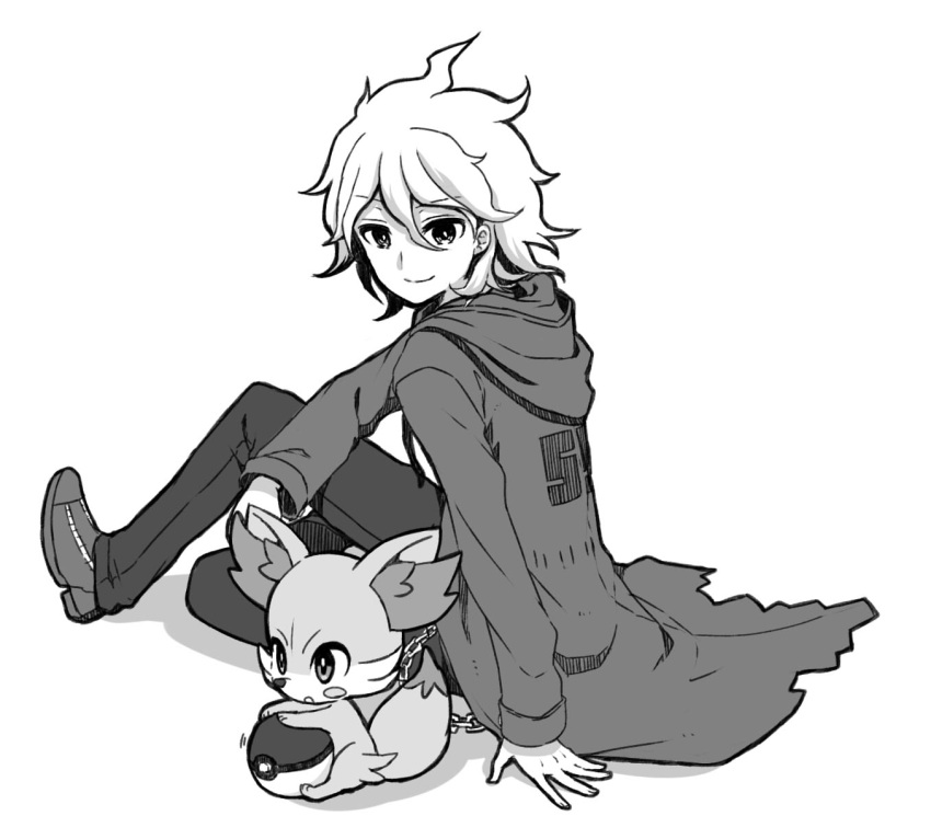 chain commentary_request dangan_ronpa_(series) dangan_ronpa_2:_goodbye_despair fennekin from_side full_body gen_6_pokemon greyscale hair_between_eyes highres holding holding_poke_ball hood hood_down hooded_coat komaeda_nagito looking_at_viewer looking_back messy_hair monochrome nico_(nico_alice) pants poke_ball pokemon pokemon_(creature) shoes short_hair simple_background sitting smile starter_pokemon torn_coat white_background