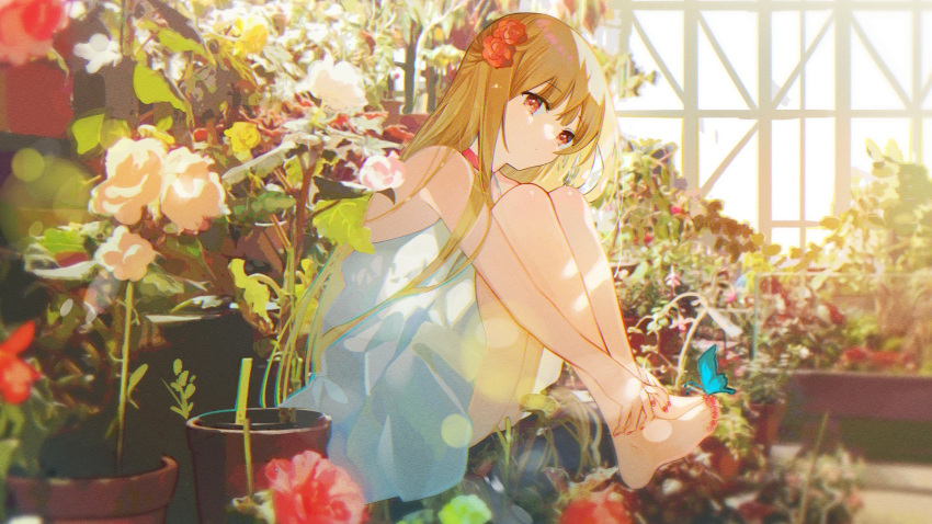 1girl bangs blonde_hair bug butterfly choker closed_mouth dress eyebrows_visible_through_hair flower from_side full_body hair_flower hair_ornament highres indoors insect lens_flare long_hair nail_polish omutatsu original red_choker red_eyes red_flower red_nails shiny shiny_hair short_dress sitting sleeveless sleeveless_dress solo sundress toenail_polish very_long_hair white_dress